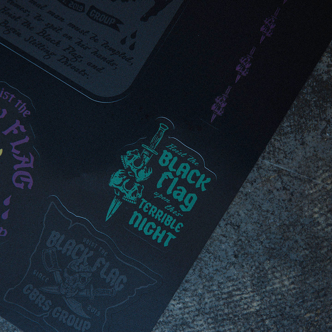GBRS Group Black Flag Sticker Sheet - Pictured showing the Terrible Night sticker design