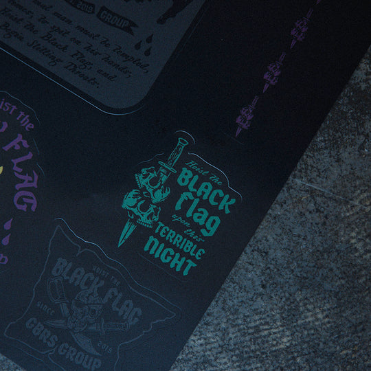 GBRS Group Black Flag Sticker Sheet - Pictured showing the Terrible Night sticker design