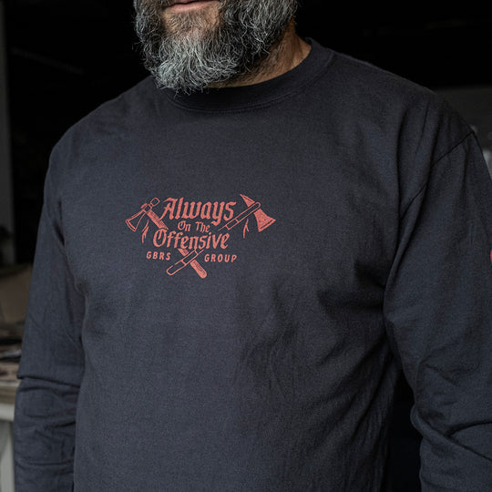 GBRS Group War Crimes Long Sleeve Shirt - Lifestyle picturing front of shirt