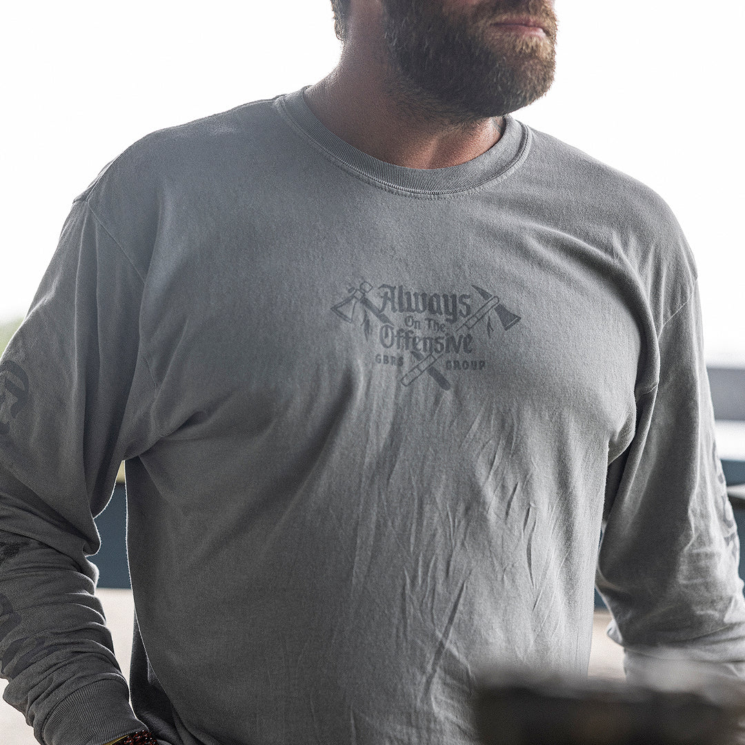GBRS Group War Crimes Long Sleeve Shirt - Lifestyle picturing front of shirt