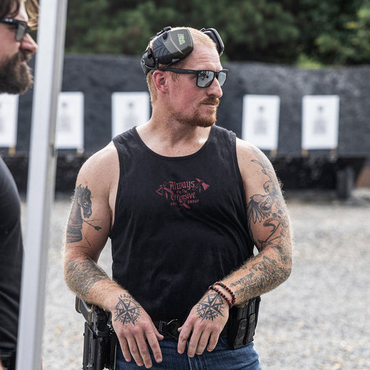 GBRS Group War Crimes Tank- lifestyle shot at a range picturing front of tank on a male