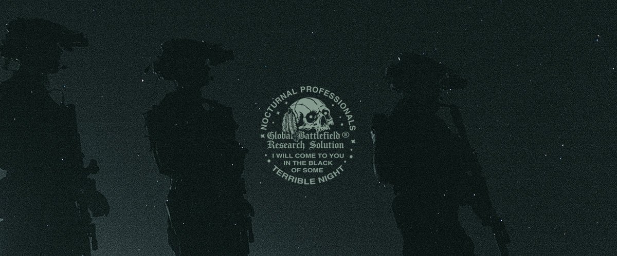 A dark, moody graphic with three silhouetted figures against a dark background, featuring a central circular emblem with a skull and the text 'Nocturnal Professional'. 